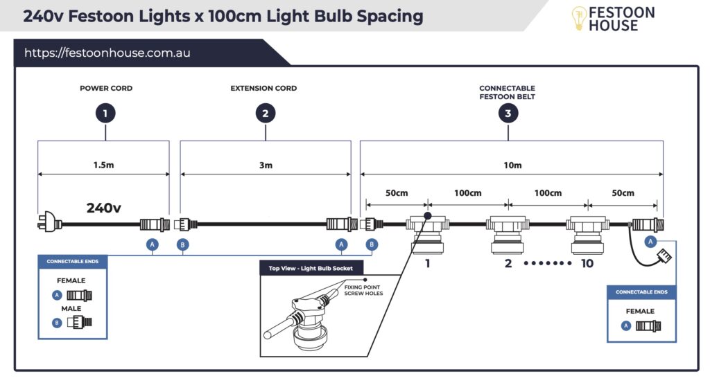 Commercial festoon lighting 100cm light bulb spacing diagram