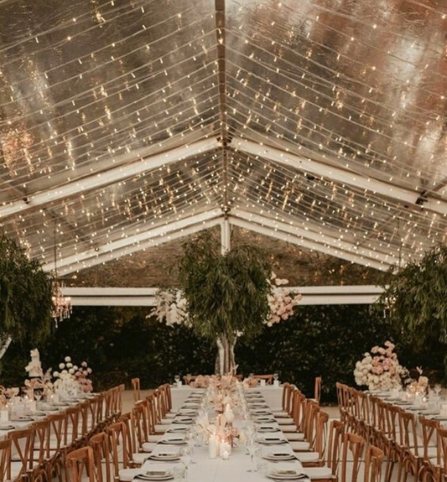 Spread on Clear Tent Frames | 21 Stunning Wedding Lighting Ideas Using Festoon And Fairy Lights
