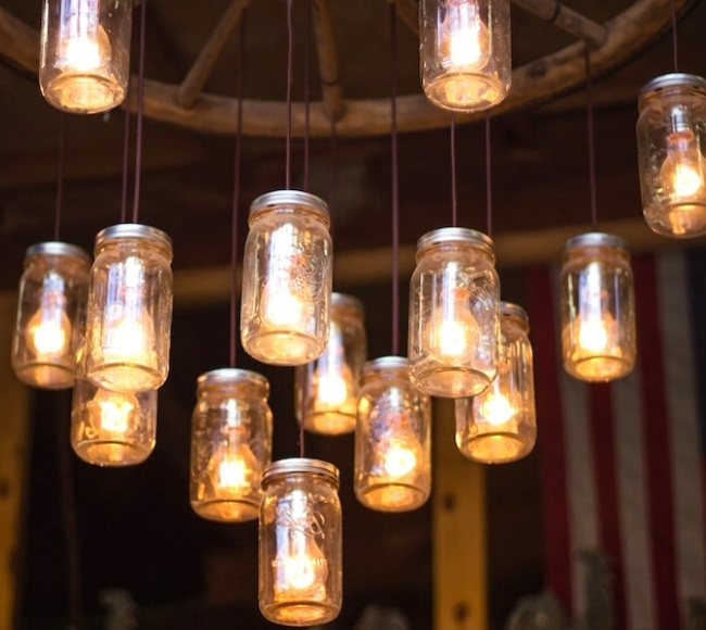 DIY mason jar chandelier using festoon lights