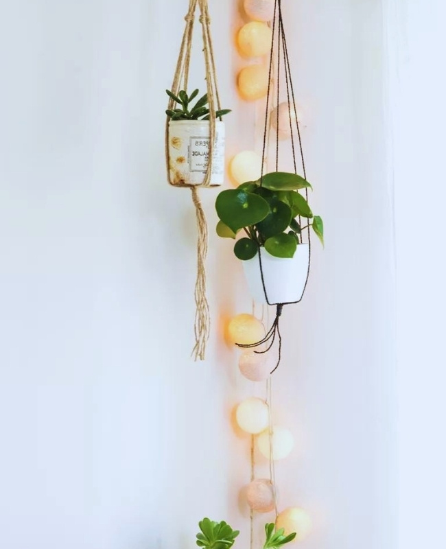 hanging planters with fairy lights encased in a mini twine balls