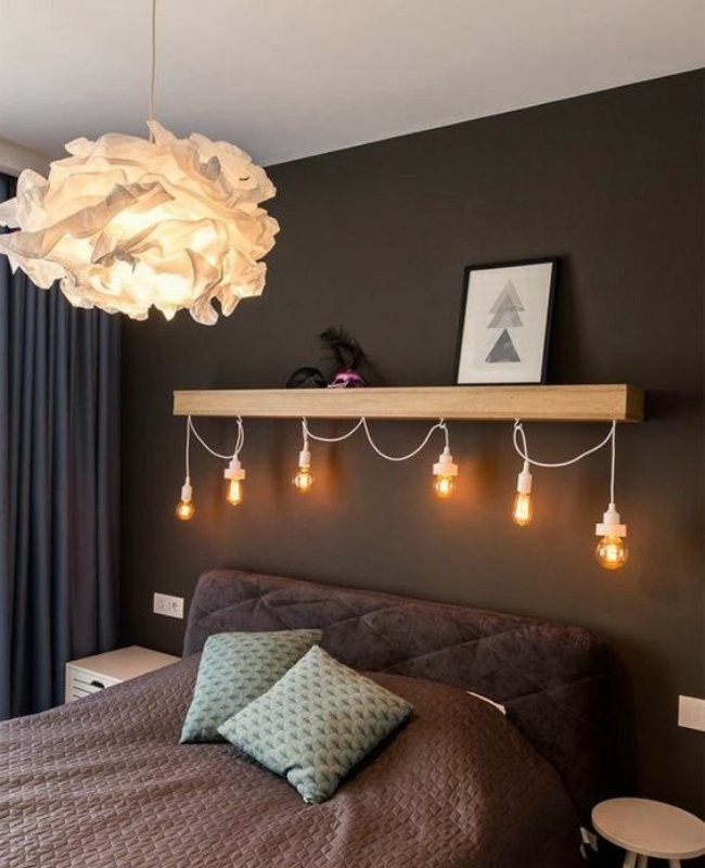 festoon string lights hung on a overhead shelf