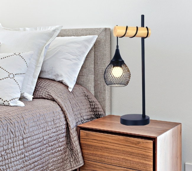 black scandi table lamp hung on the L-bracket table stand