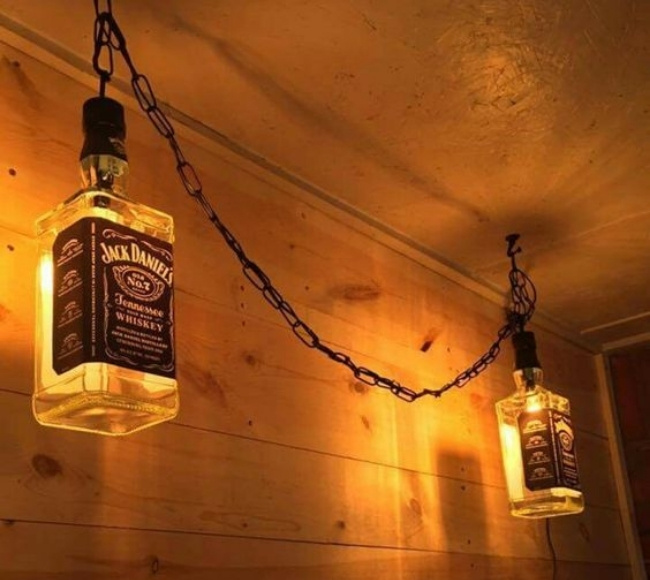 diy empty whiskey bottle made into a string lights | Whimsical Bedroom Hanging Pendant Lights Ideas