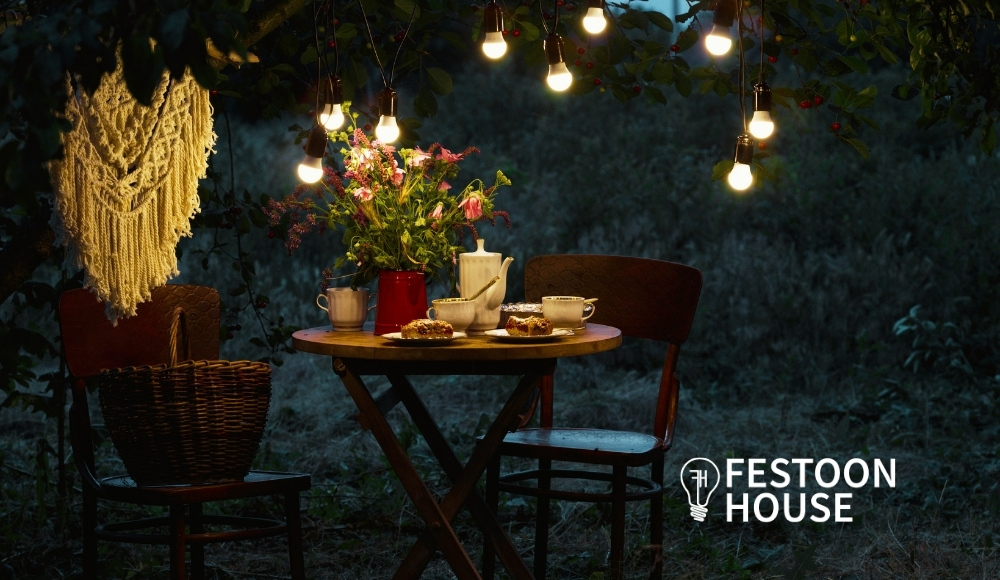 festoon lights hanged on top of the tree | String Lights Outdoor Ideas for a Breathtaking Backyard